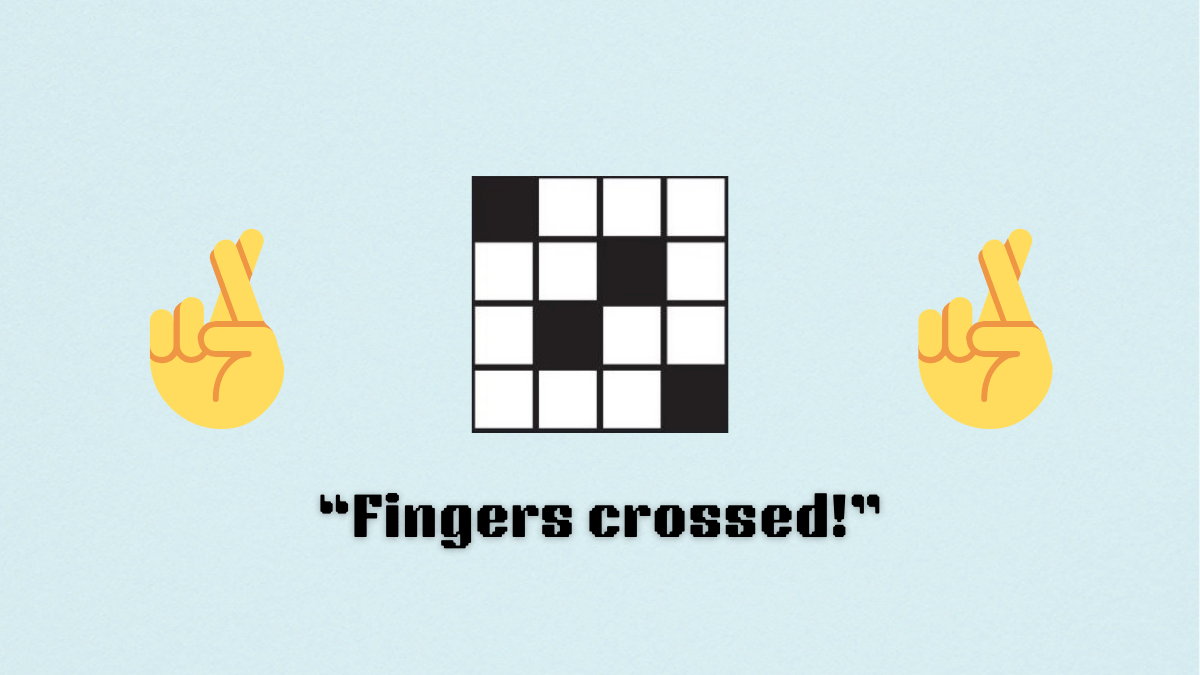 A blank crossword puzzle between two emojis of a hand with fingers crossed.