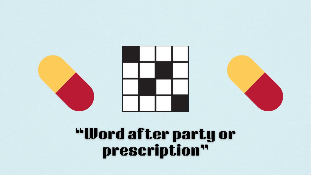 A blank crossword between an emoji of pills with a clue underneath.