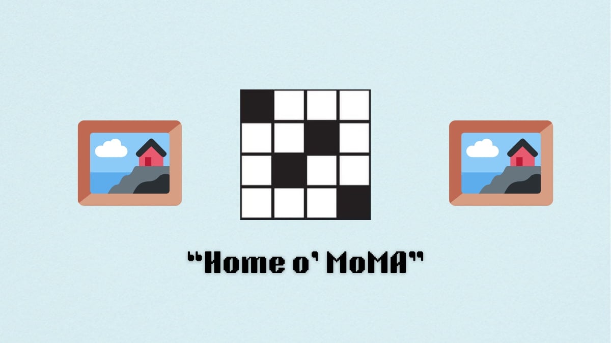 A blank crossword puzzle with a clue underneath, between emojis of a painting.