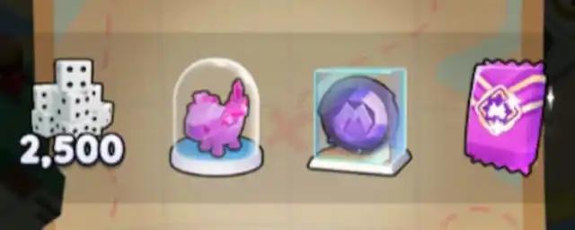 Rewards for the Monopoly GO Crystal Treasures Dig Hunt which are dice, a purple shield, a pink token, and purple sticker pack