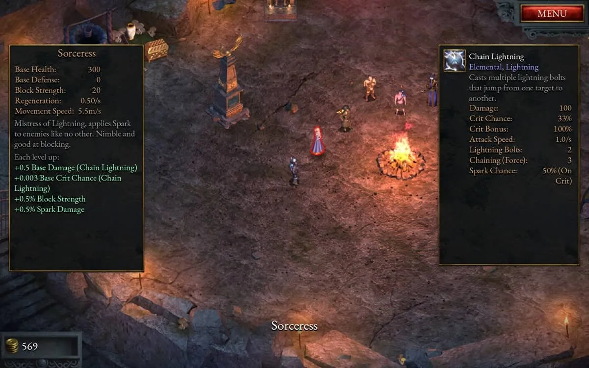 Character selection screen showcasing the Sorceress in Halls of Torment