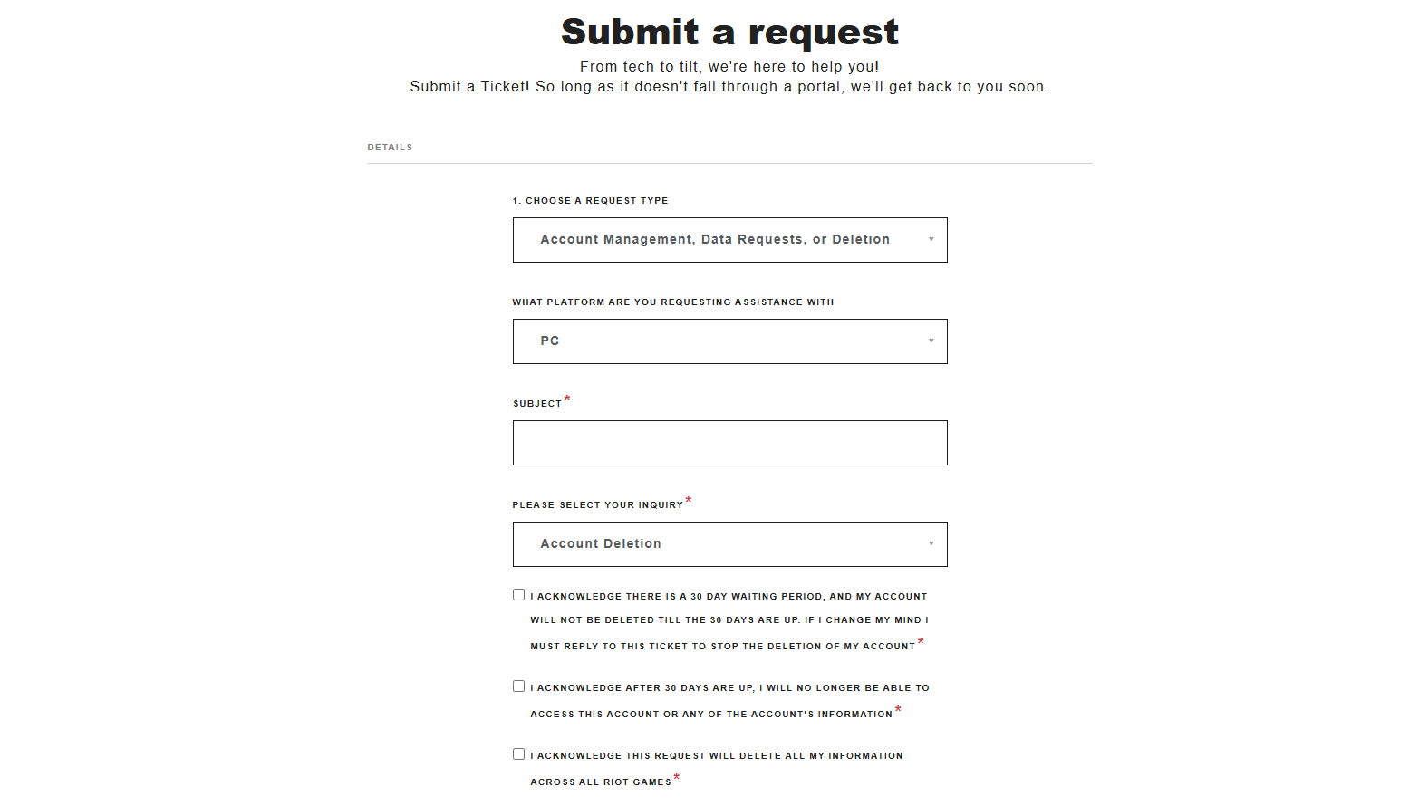 Submit a request page for VALORANT support, Riot Games