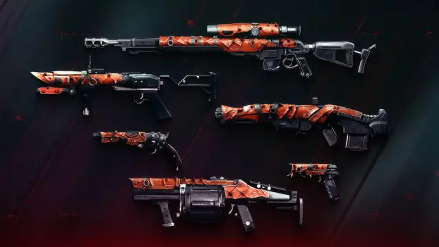 The seasonal weapons for Episode: Revenant, showcasing a sniper, a hand cannon, two grenade launchers, a sidearm, and a shotgun.