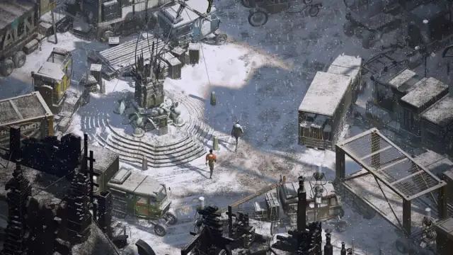 An image of a snowy street from Disco Elysium, a game where you play as a disgruntled detective.