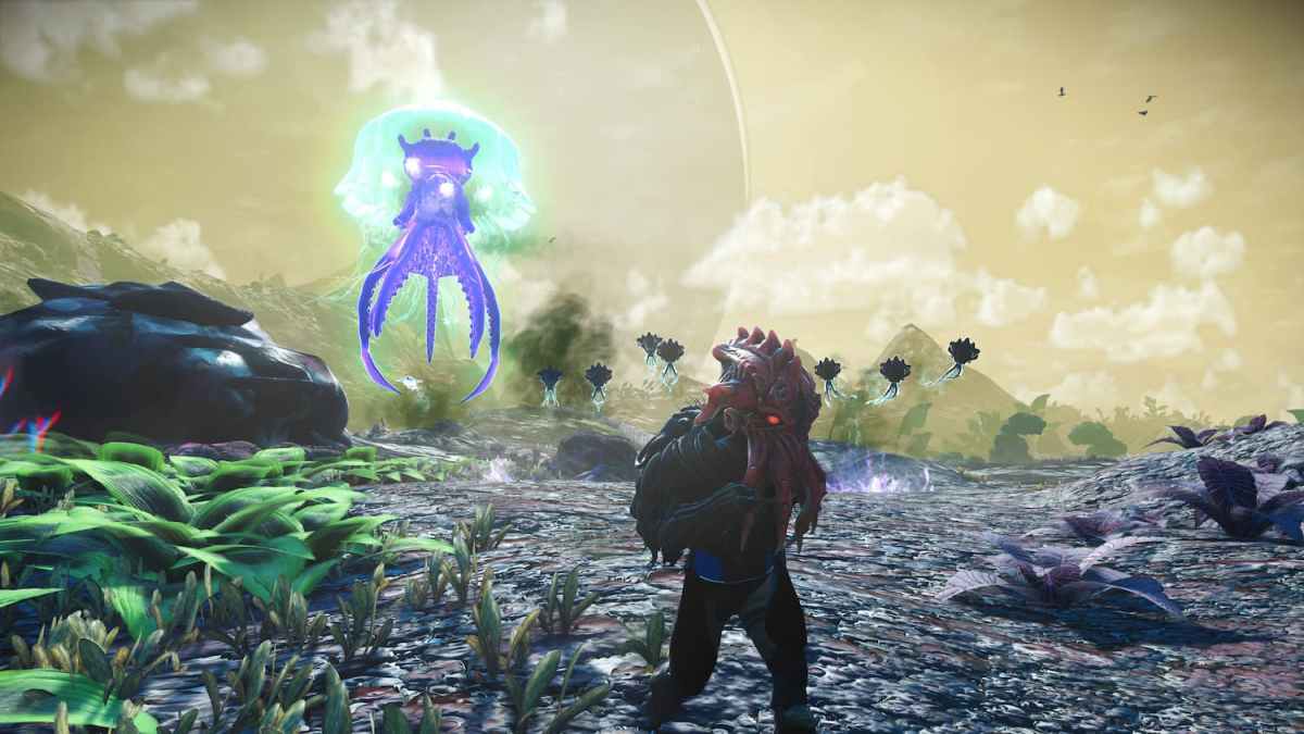 A screenshot from NMS Expedition 16 showing the player character wearing a spooky Cthuhulu head followed by a blue jelly fish creature