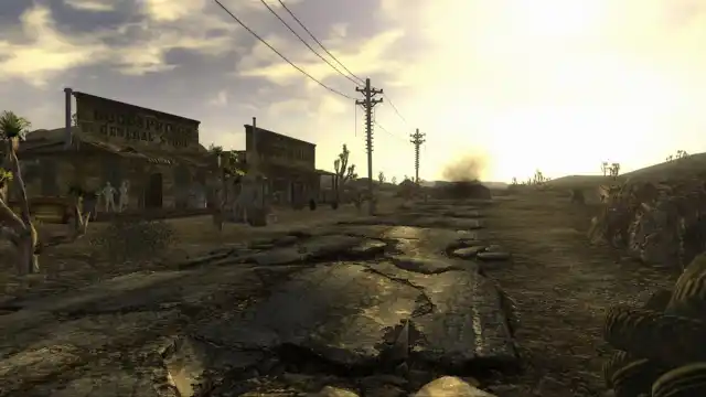 An image of a western town in Fallout: New Vegas, which was destroyed by nuclear fallout.