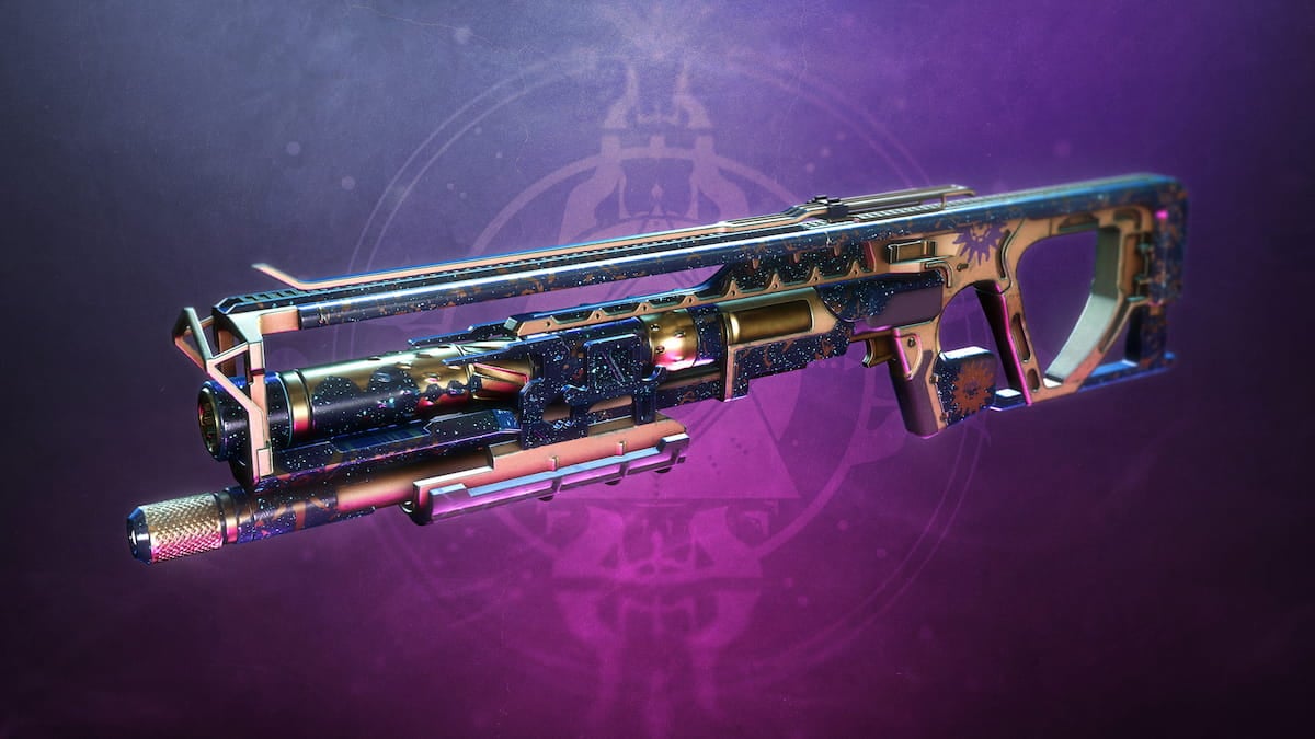 The Festival of the Lost shotgun, Arcane Embrace, as seen in promotional image with the FOTL logo on a purple background.