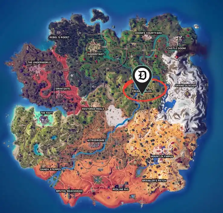 Picture showing the in-game location of Billy boss who drops the Boom Billy item in Fortnite.