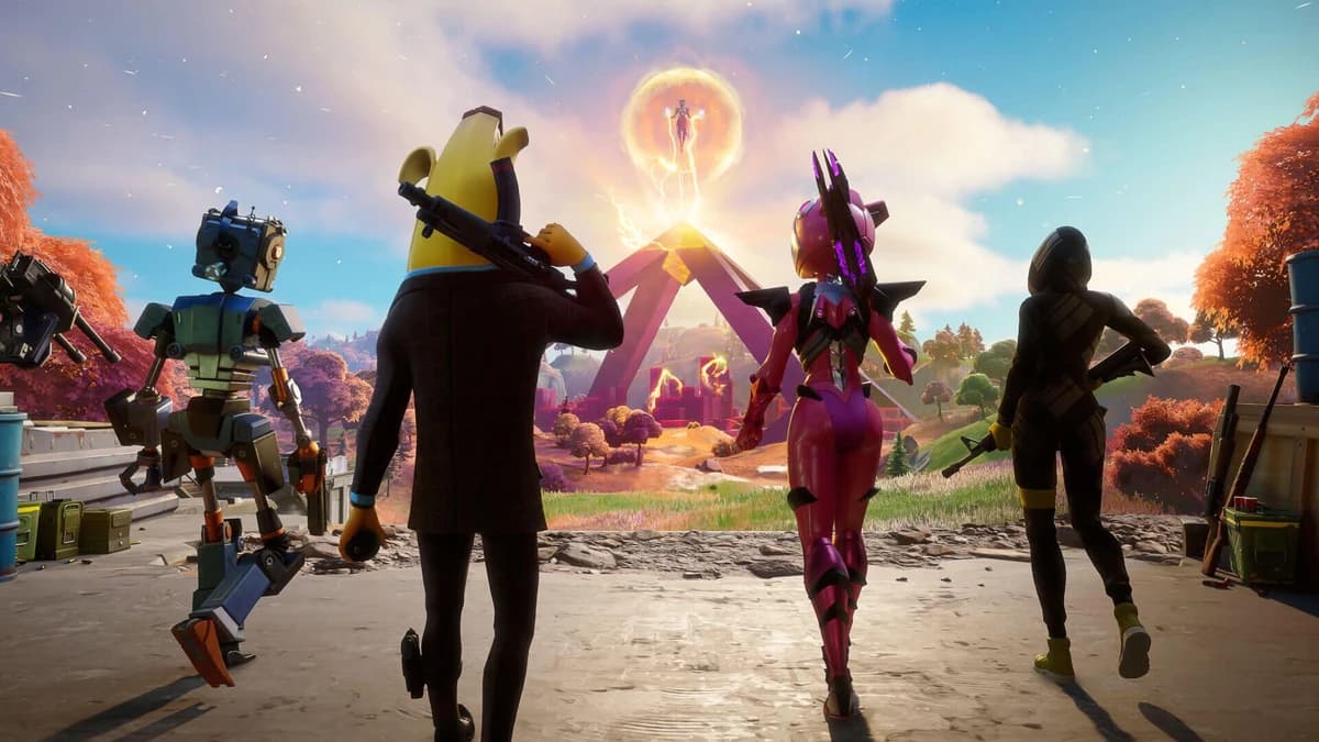 Characters in Fortnite shown walking away from the camera in Fortnite Chapter 2.