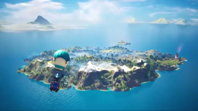 The Battle Bus in Fortnite moving towards the island in Chapter 2.