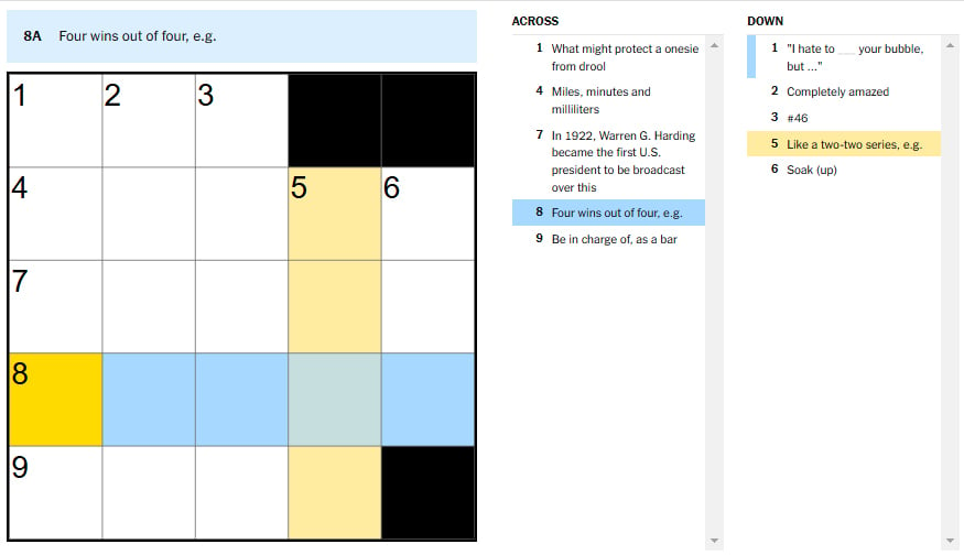 Picture showing the four wins out of four, e.g. clue in NYT Mini Crossword puzzle.