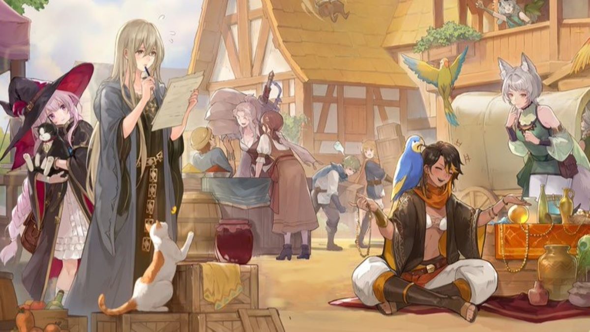 An illustrated image of a cast of fantasy characters unloading and counting merchant wares on a village street. Promotional image for Sword of Convallaria: Sand-made Scales