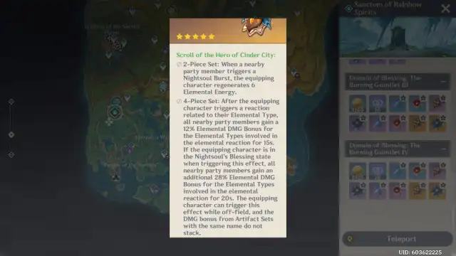 An image of the lengthy Scroll of the Hero of Cinder City Artifact Set description, which increases the elemental dmg of all party members.