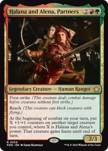 Halan and Alena standing back to back with one holding bow and arrow and the other a sword through MTG Foundations set