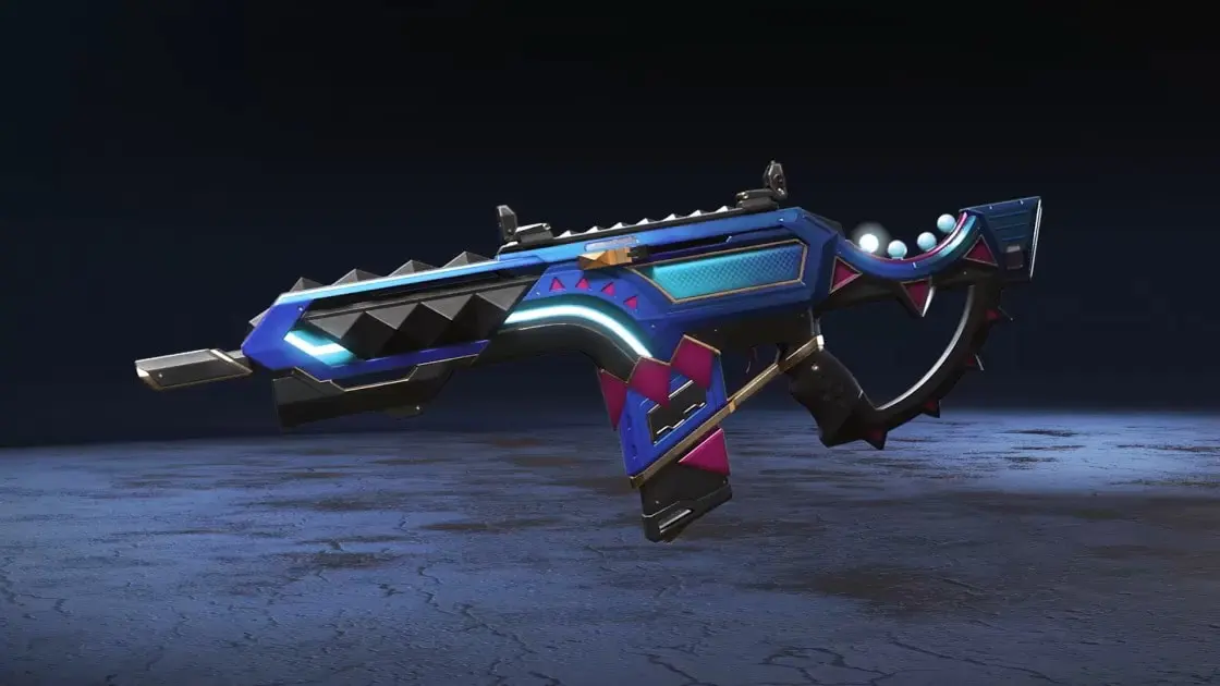 A rifle with a blue and pink color scheme and flashing lights along the stock.