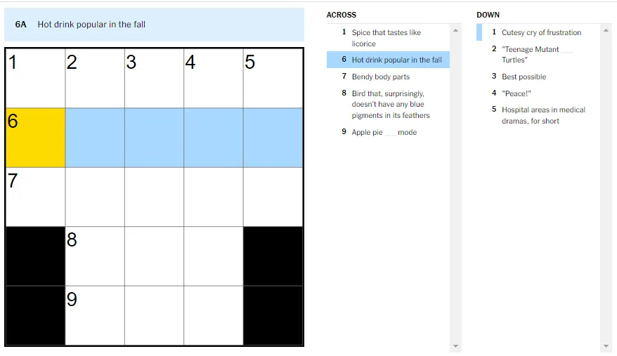 Picture showing the hot drink popular in the fall clue in NYT Mini Crossword.