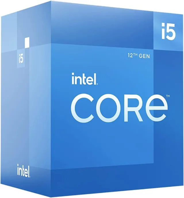 3/4 front view of the Intel Core i5-12400F product box. More details below.