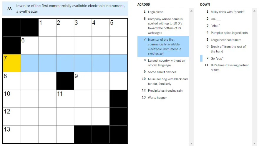 Picture showing the inventor of the first commercially available electronic instrument, a synthesizer clue in NYT Mini Crossword.