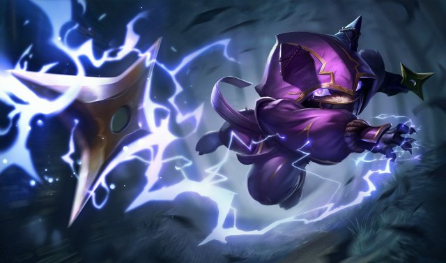 Kennen from League of Legends, a small creature dressed as a purple ninja throwing a lighting ninja star.