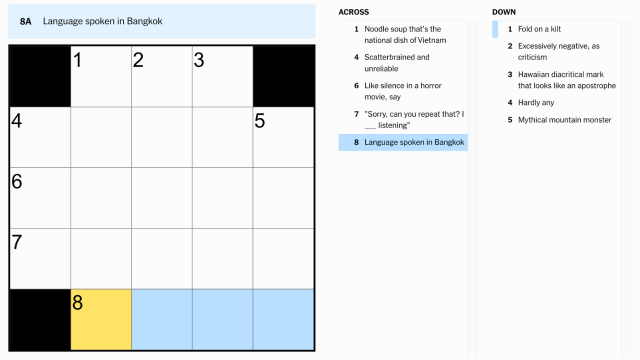 The clue, language spoken in Bangkok, highlighted in blue and yellow from the NYT Mini crossword puzzle