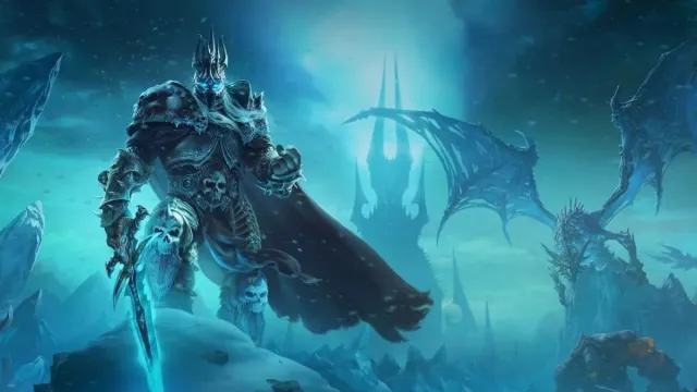 Lich King standing with his sword in World of Warcraft.