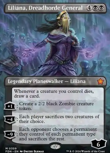 Liliana Planeswalker with Veil mask summoning zombies through purple Magic in MTG Foundations set