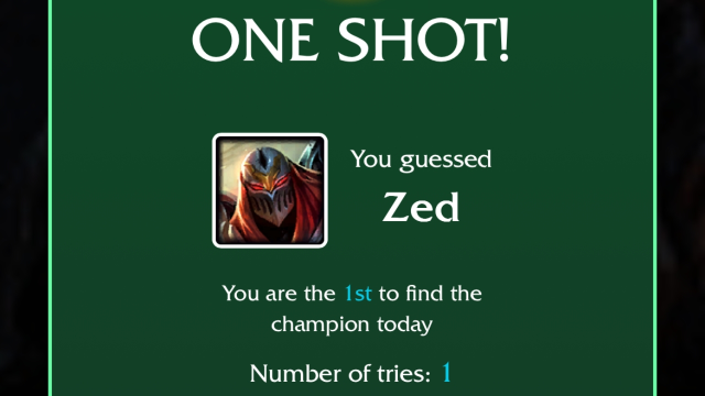 An image of Zed alongside the one-shot message for the LoLdle quote challenge