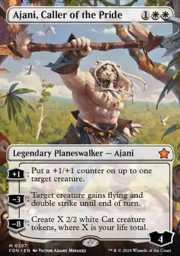 Ajani Planeswalker holding a magical staff over head with one hand in field above forest in MTG Foundations set