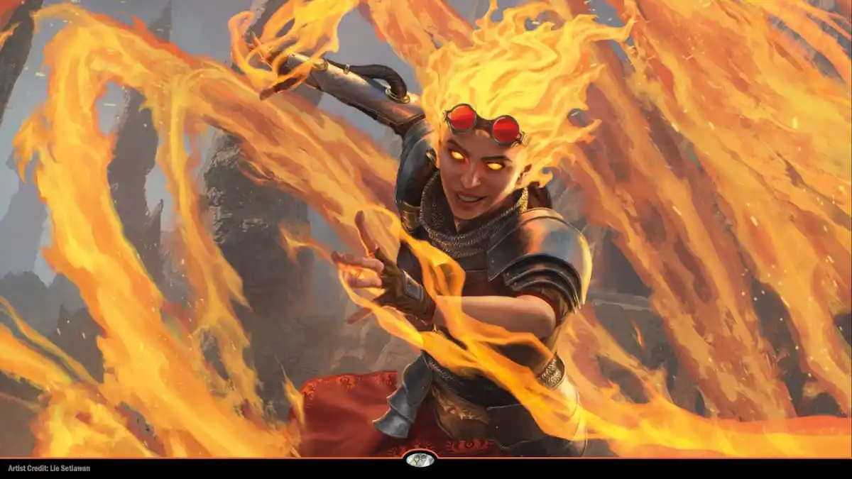 Chandra throwing flames from hands and head within new MTG Foundations set