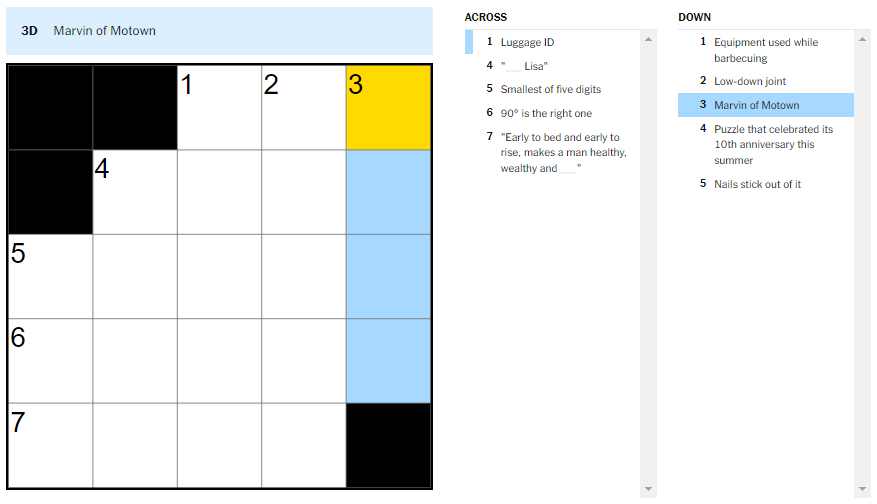 Picture showing the Marvin of Motown clue in NYT Mini Crossword.