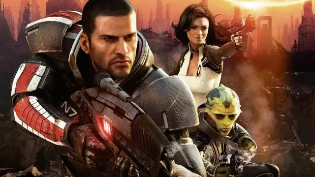 An image of the cover art from Mass Effect 2, a game that takes place in the future. This art features Sheperd with two companions.