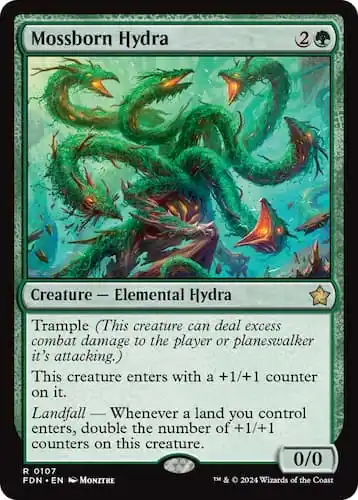 A Green Hydra with seven heads shredding enemies through MTG Foundations set