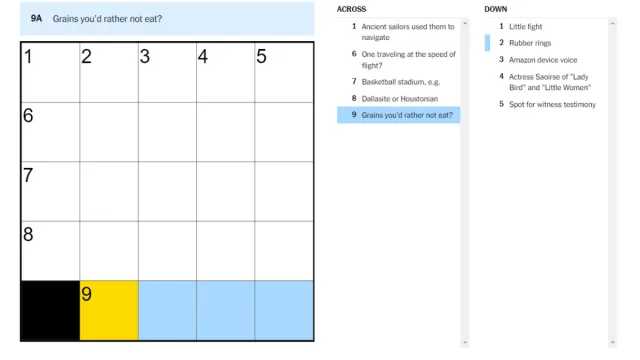 A screenshot of the NYT Mini Crossword with the "Grains you'd rather not eat?" Clue highlighted.