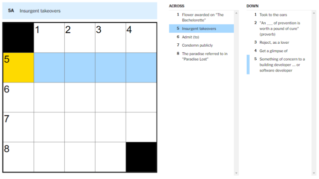 An image showing the Insurgent Takeovers clue in the New York Times Mini Crossword.