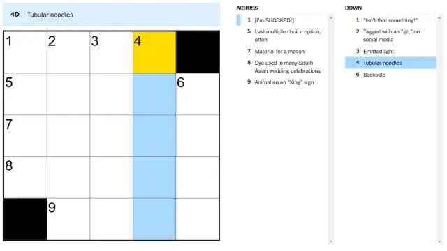 A blank New York Times Mini Crossword with a clue highlighted.