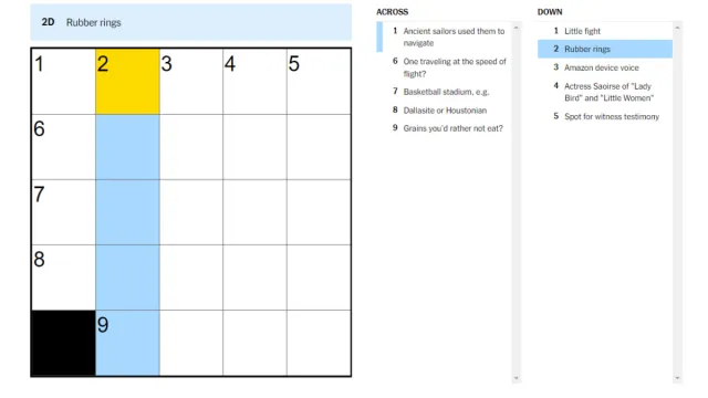 A screenshot of the NYT Mini Crossword with the 'Rubber Rings' clue highlighted.