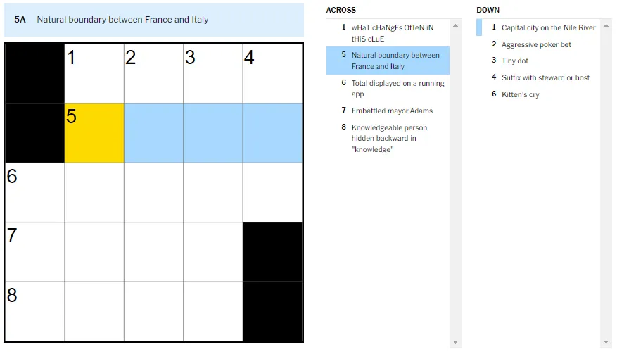 Picture showing natural boundary between France and Italy clue in NYT Mini Crossword.