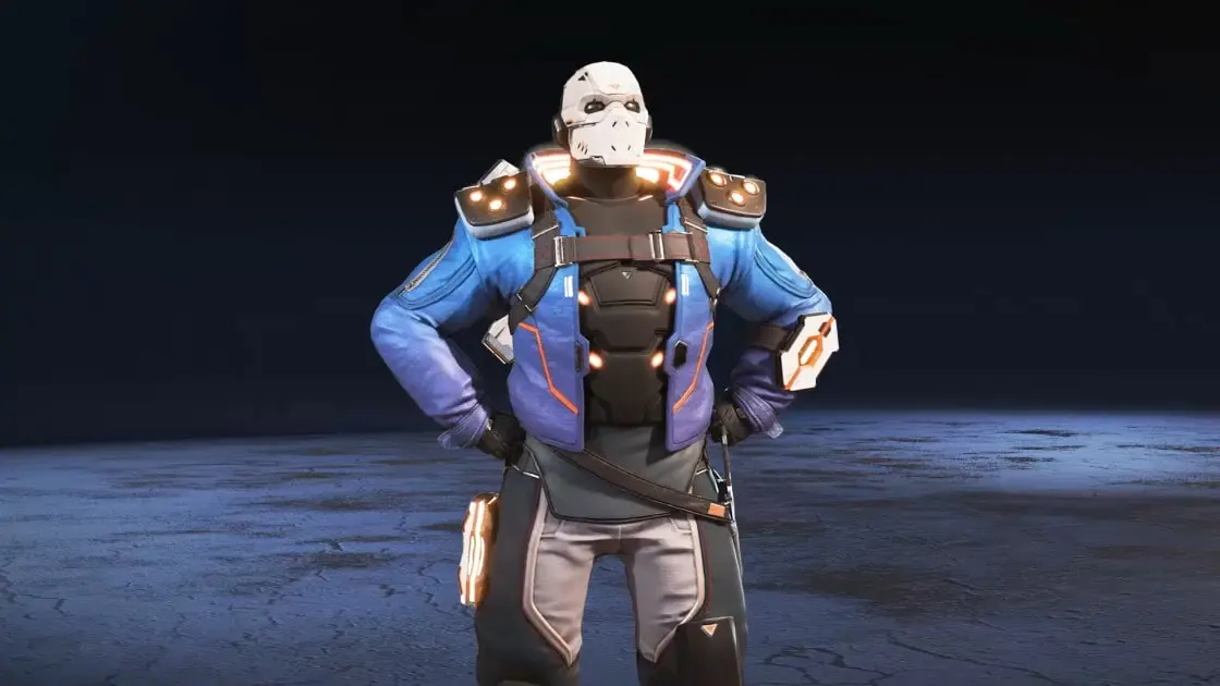 Newcastle wearing a blue jacket and white hockey mask fully covering his face.