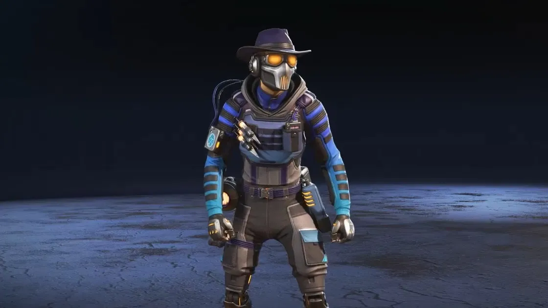 Octane wears a long blue shirt, a hat, and goggles.