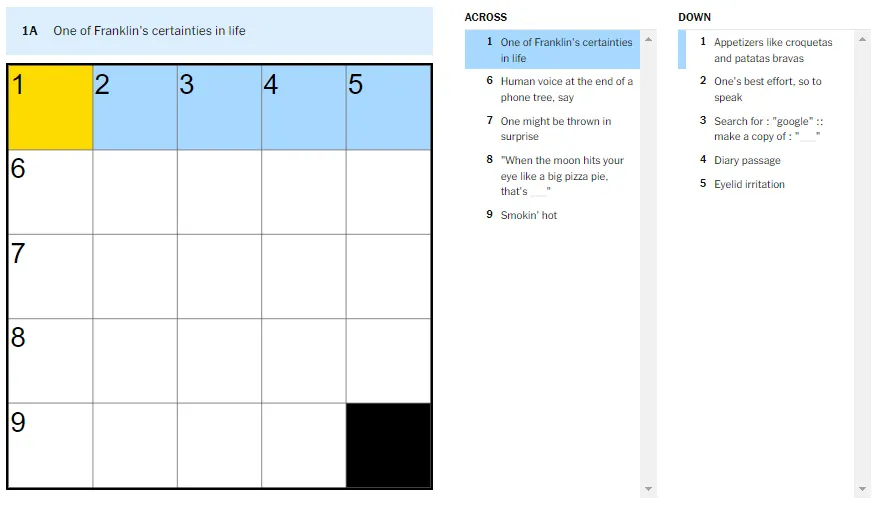 Picture showing the one of Franklin's certainties in life in NYT Mini Crossword.