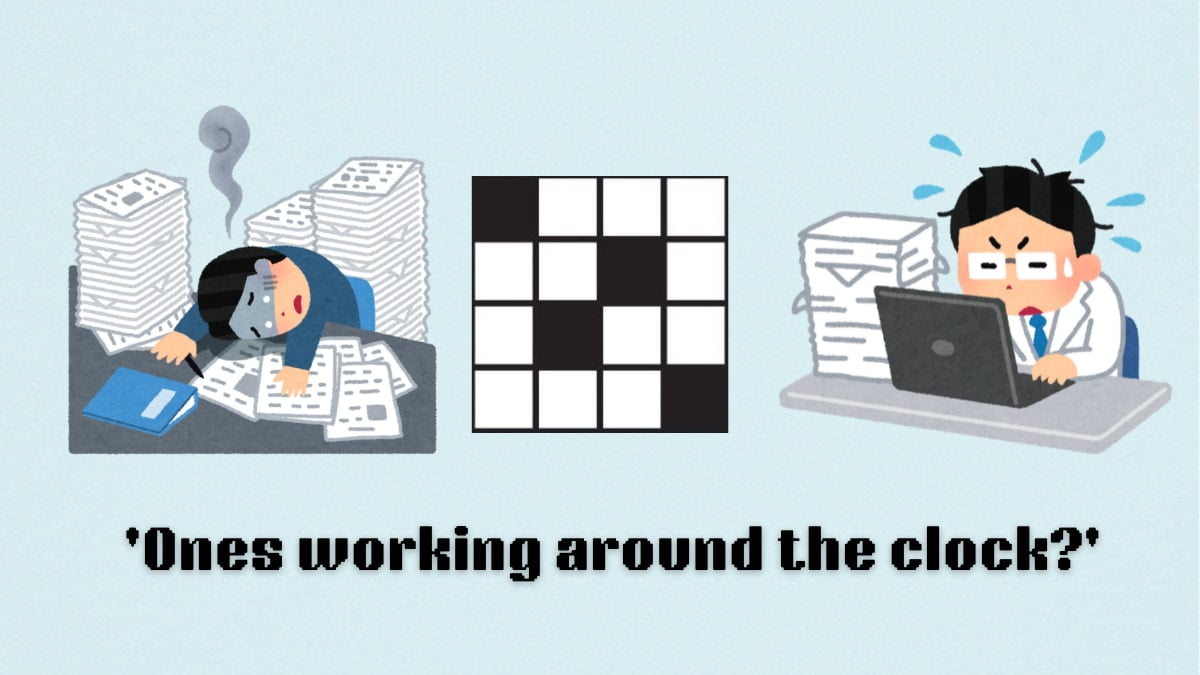 Picture showing the Ones working around the clock clue cover in NYT Mini Crossword.