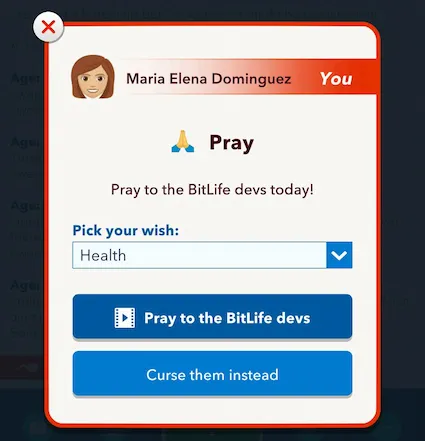 Picture showing the pray to the devs for good heath box in Oogity Boogity Boo Challenge in Bitlife.