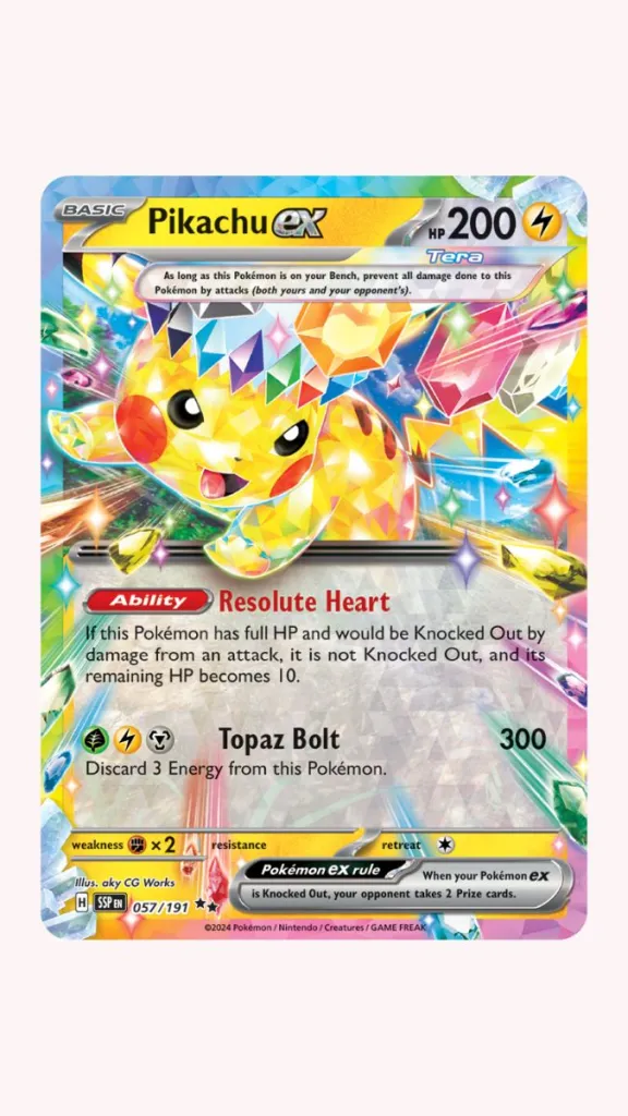 Pikachu ex Pokémon card with plain background.