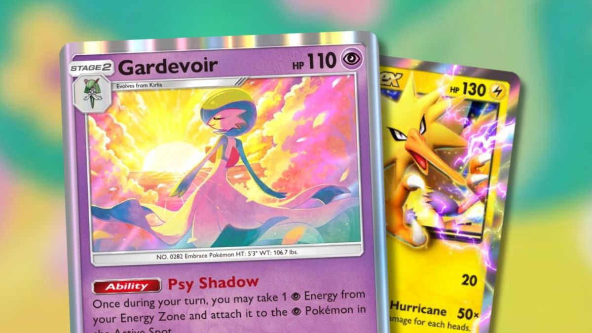 Gardevoir and Pikachu Pokémon TCG Pocket with floral background.