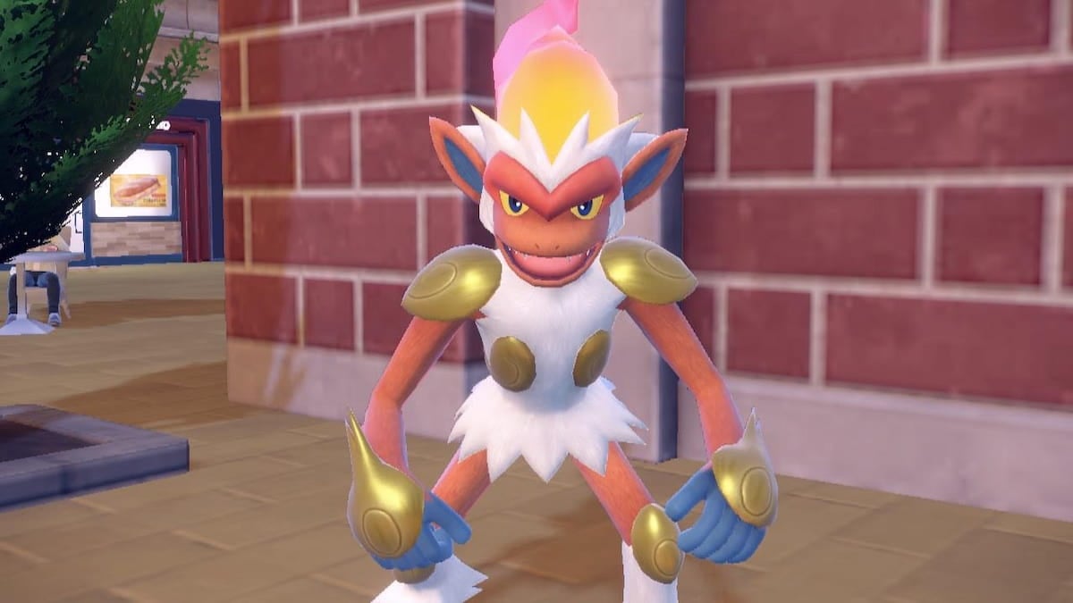 Infernape stands in front of a brick wall