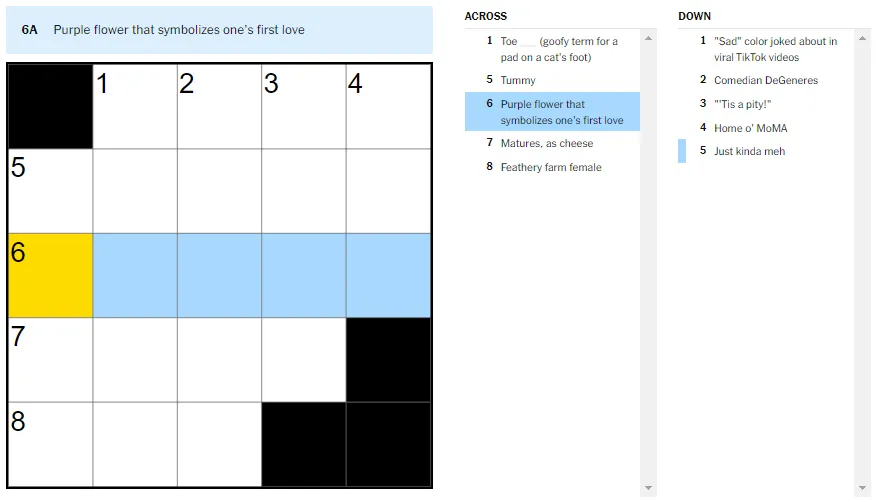 Picture showing the purple flower that symbolizes one's first love clue in NYT Mini Crossword.