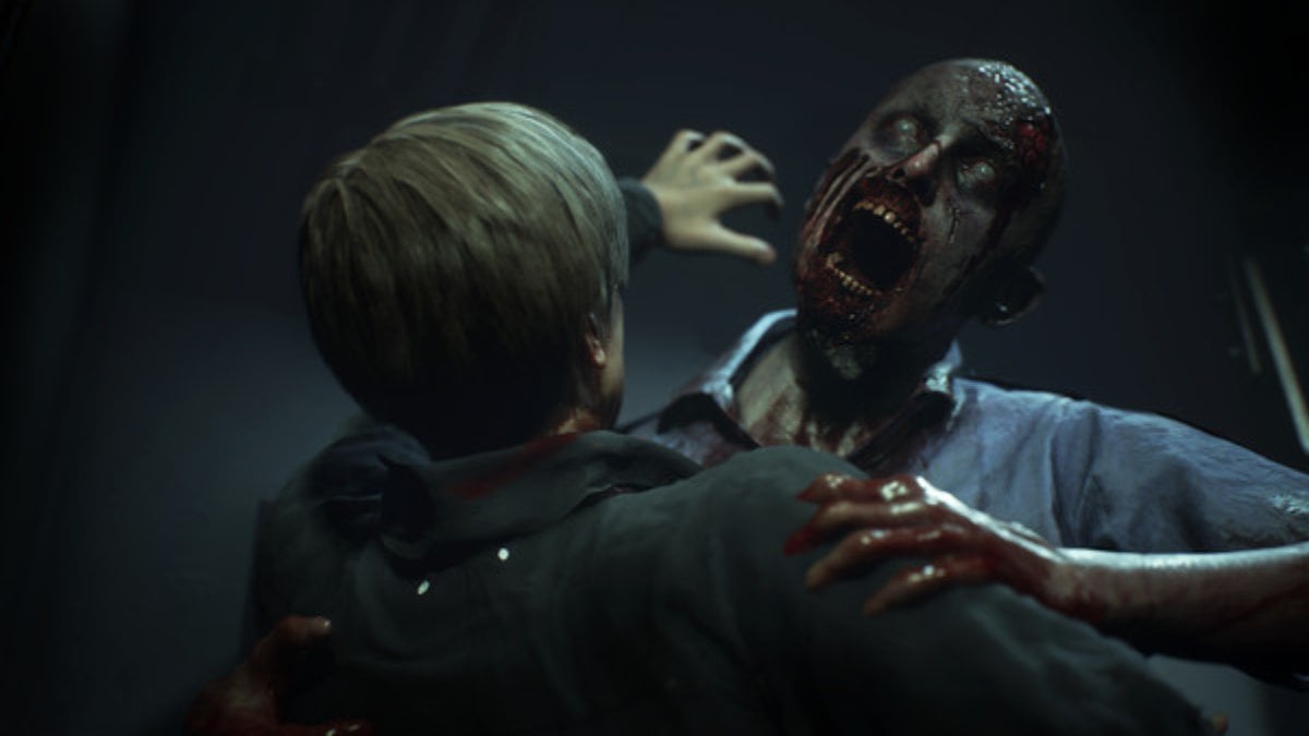 Leon's back to the camera, fighting off a bloody mouthed zombies