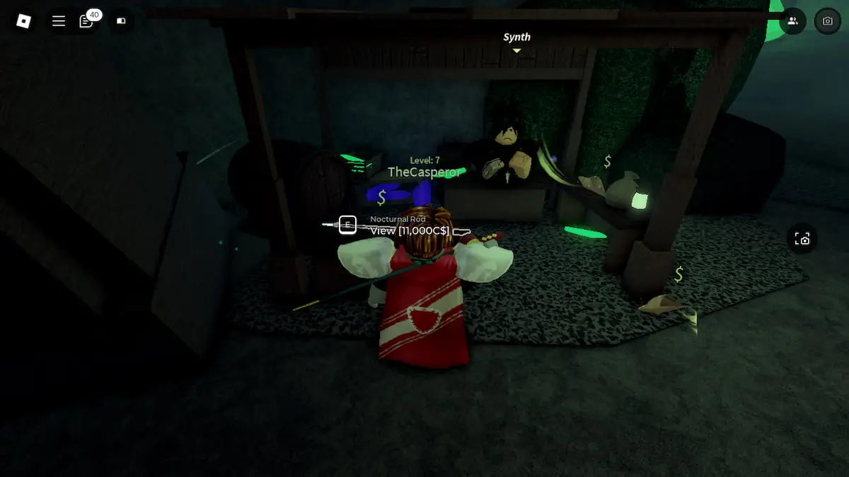 Image showing Synth's shop in Vertigo selling the Noctural Rod in Roblox Fisch.