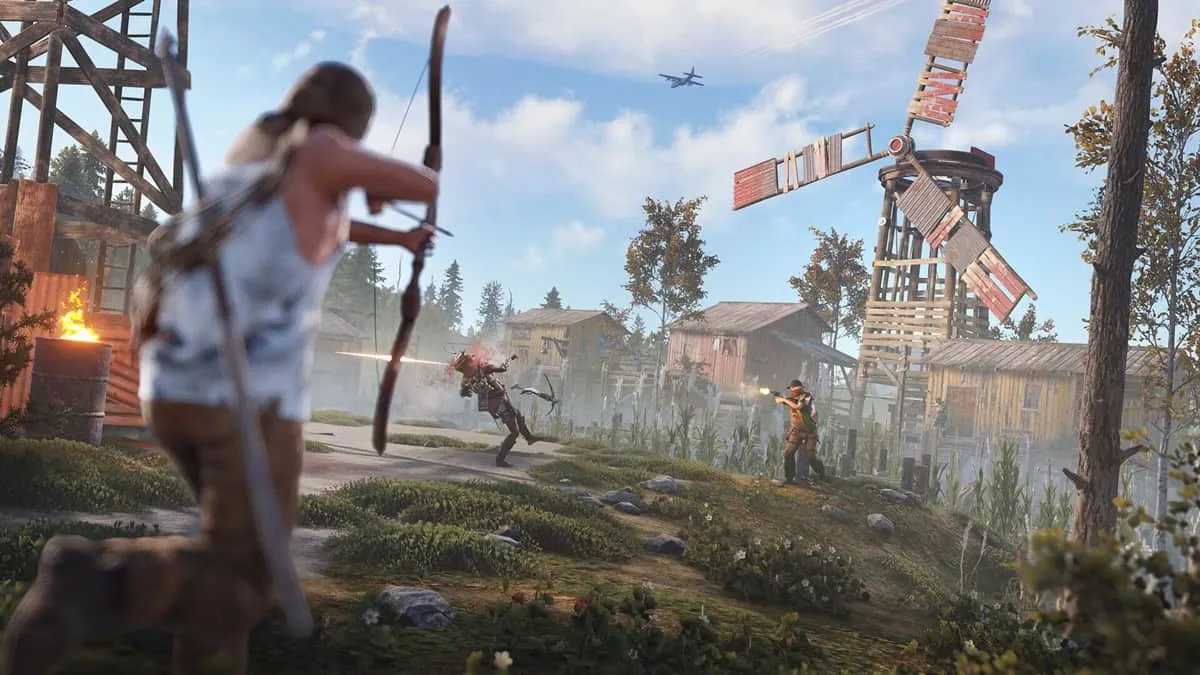 Participant character aiming an arrow at an enemy while he fires a headshot on one other player with a windmill in the background