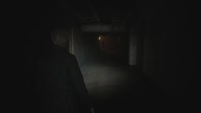 James shining the flashlight down the Basement hallway with a Mannequin visible at the end